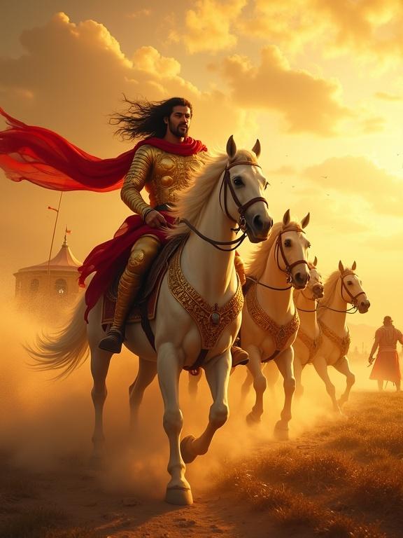 Epic cinematic illustration of Karna riding into a battlefield. Golden chariot pulled by five white horses. Dazzling golden armor. Royal red scarf in the wind. Fierce determined face. Shouting with fire in eyes. Massive bow in one hand. Quiver on back. Flowing hair. Aged warrior Bhishma in background, sternly raising hand. Dramatic golden clouds. Battlefield dust swirling. Karna’s silhouette fades into sparkling dust.