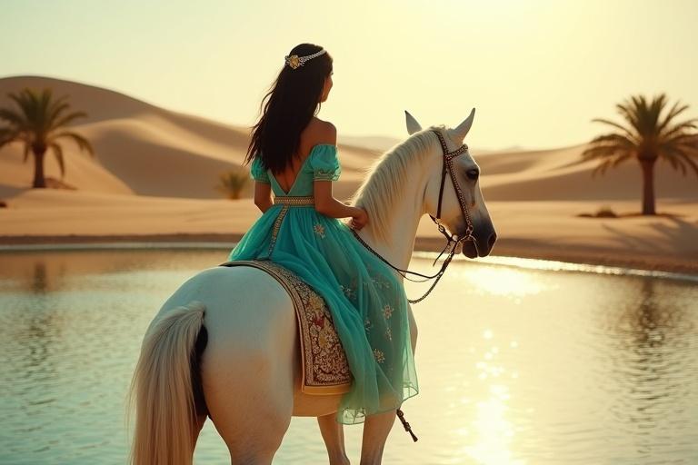 A stunning scene featured in a desert oasis with a white Arabian horse and an Arabian princess. The princess, dressed in a turquoise gown with gold details, sits on the horse beside a shimmering lake surrounded by dunes and palm trees. The sunset casts a warm glow over the landscape, creating a serene atmosphere.