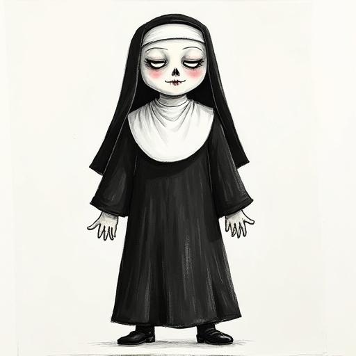 Drawing of a creepy nun in childlike style. Front view showing full body. Dark attire with a childlike expression. Macabre tone dominates the illustration.