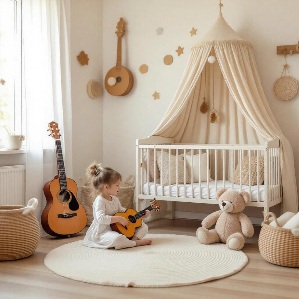 A cozy children's room with musical instruments. A girl is sitting and playing a small guitar. A crib is in the room with a teddy bear. Decorative elements are on the walls. A soft area rug is on the floor.