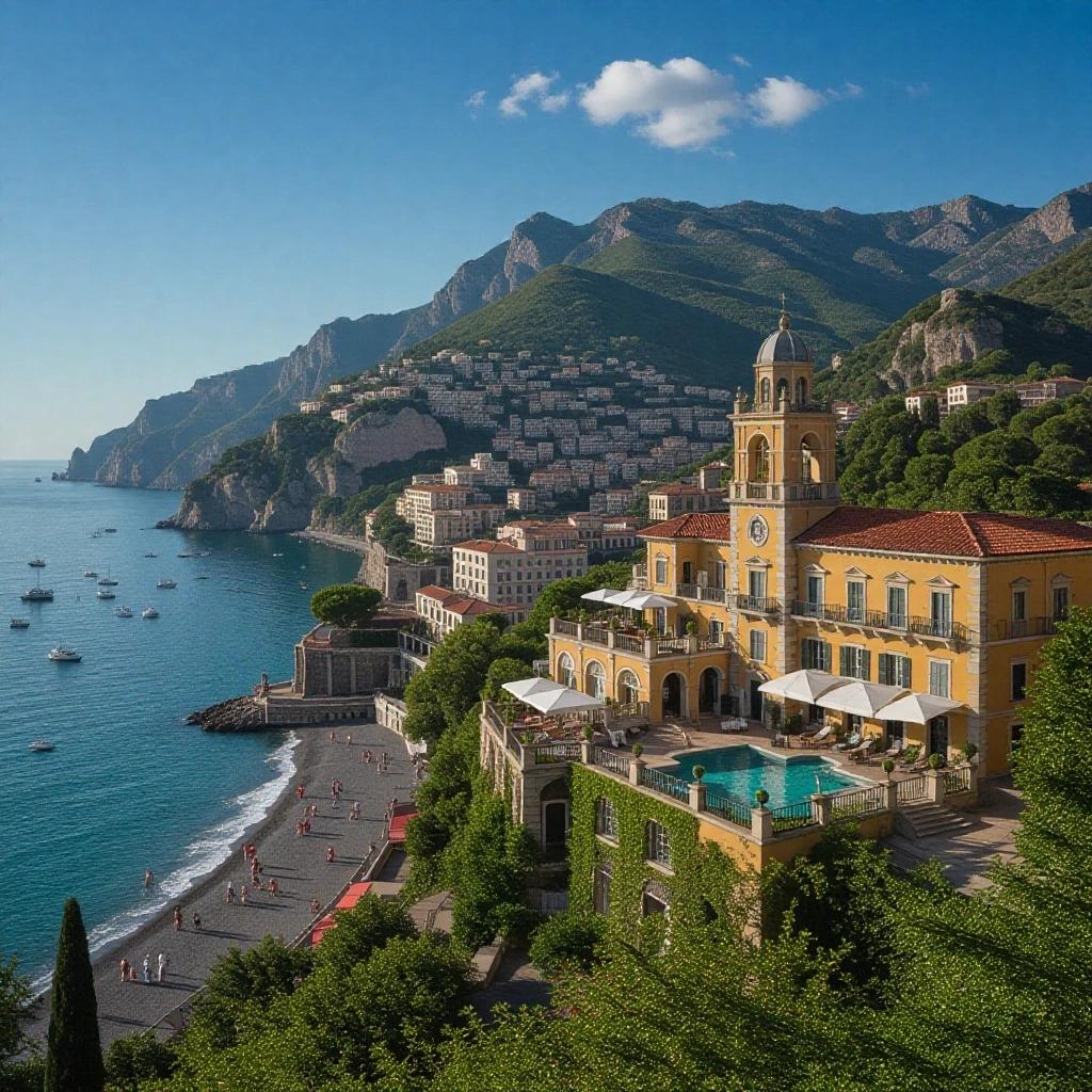 Hotel San Domenico Palace in Taormina. Coastal view with mountains in background. Bright sunny day. Elegant architecture near beach.