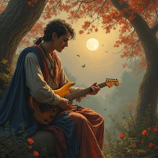 A man in his fifties sits in a library surrounded by nature playing an electric guitar. Soft warm lighting and warm tones create a serene atmosphere.