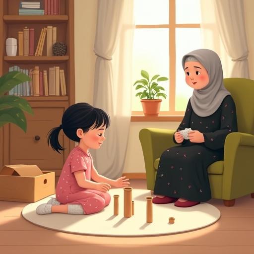 Illustration in a cozy room. A girl aged 5–7 with short black hair in a ponytail wears a pink dress. She sits on a round off-white rug and arranges wooden pillars resembling a house foundation. Her grandmother silently watches from an olive green armchair, crocheting. The room has bookshelves, off-white curtains, and sunlight streaming in. The mood is peaceful and curious.