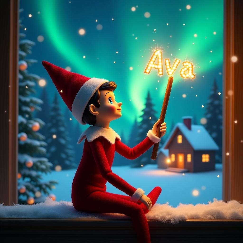 Elf on the shelf sits gazing skyward. Holds a glowing wand with the name 'Ava' in the air. Charming Christmas scene with colorful northern lights. Cozy house in the distance. Snow covers the ground. Elf embodies the magic of Christmas.