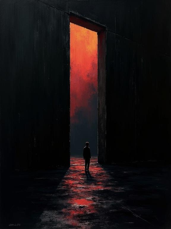 Digital oil painting showcases a figure in front of a glowing doorway. The background is black with harsh brush strokes. Features absurdist and unfinished elements. Flat colors and unique silhouette design are prominent. Minimalist style emphasizes color voids. Shadows blend with a futuristic aesthetic with edges resembling film strips.
