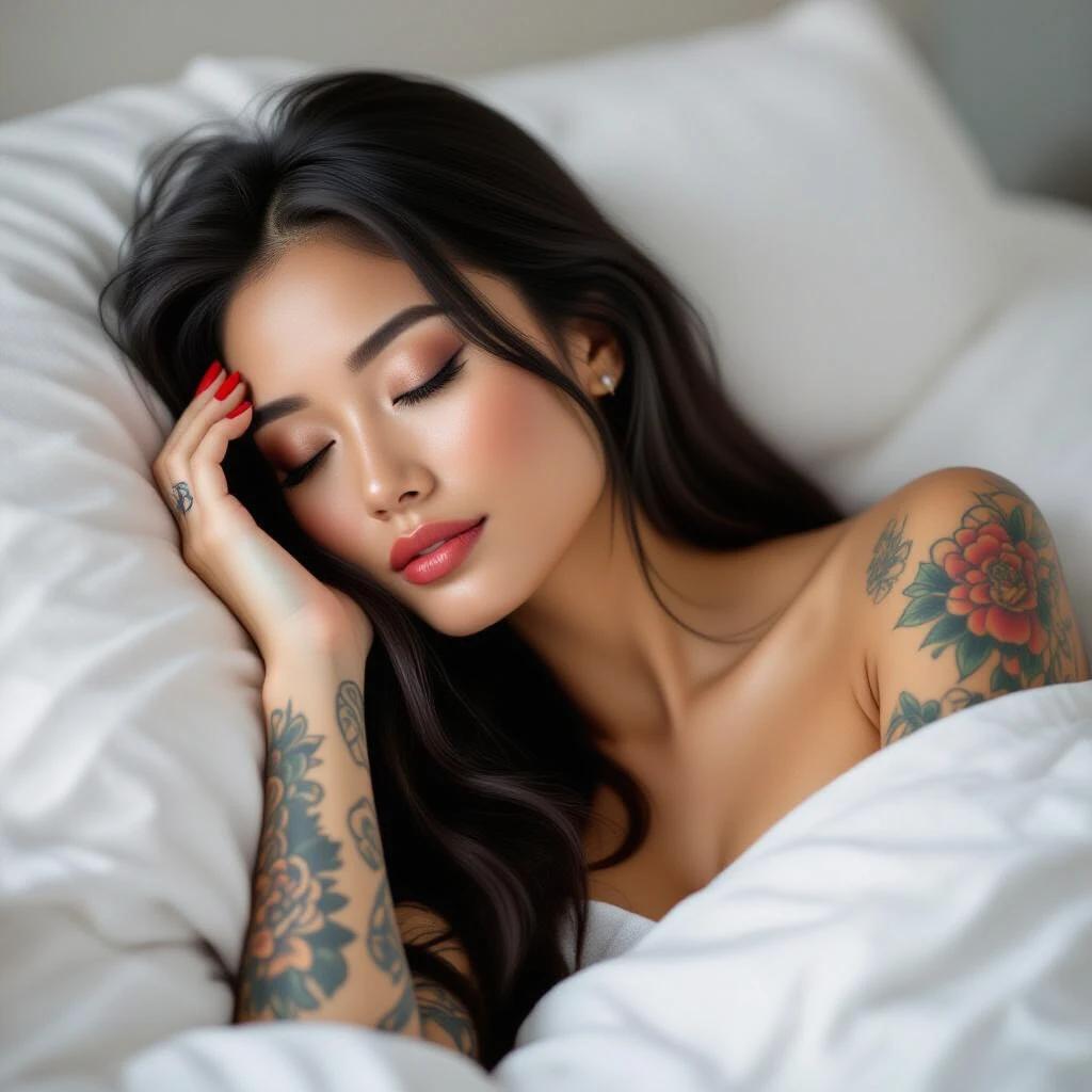 Asian woman with long black hair, brown eyes, tattoos and red nails asleep in bed with eyes closed