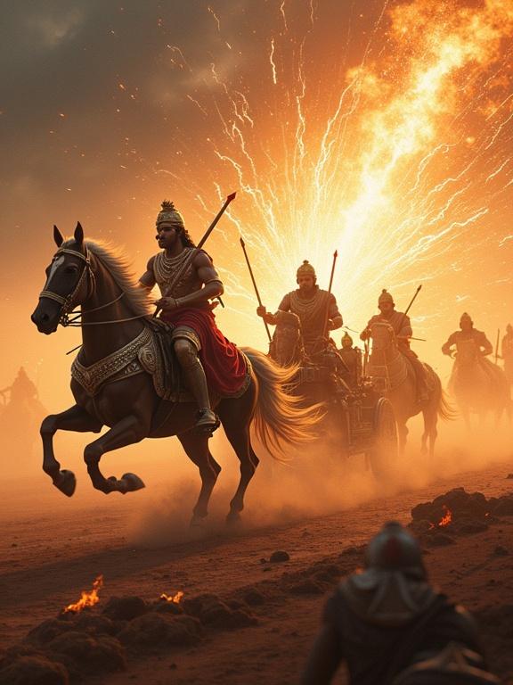 A battlefield scene depicting a duel between Karna and Arjuna in traditional Indian chariots. Arjuna in silver armor uses the bow Gandiva. Karna in golden armor counters with arrows. The sky is filled with arrows and divine weapons clashing. Smoke and fire surround them. It's a cosmic encounter.