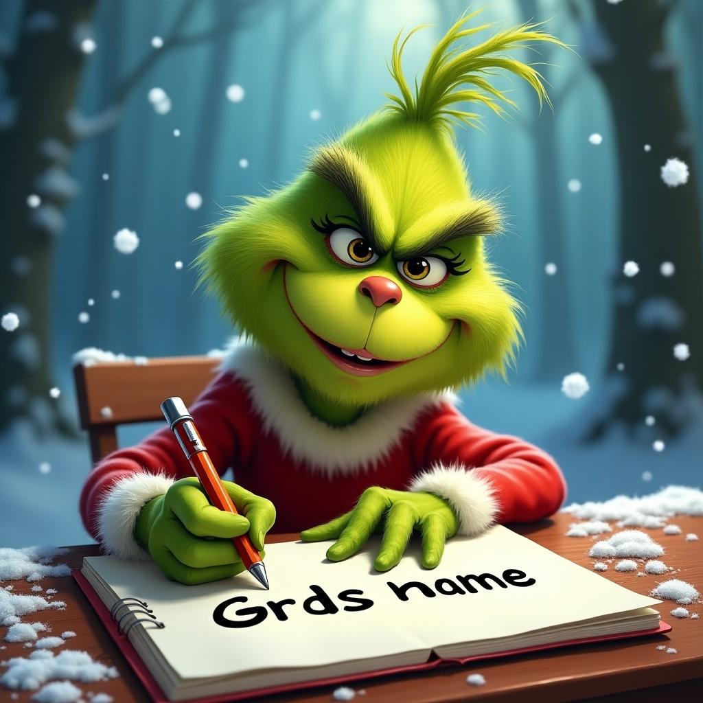 This image shows a whimsical character, inspired by popular literature, writing a child's name in a notebook. The character has bright green skin and a playful expression, dressed in a classic red and white outfit associated with holiday cheer. The setting is snowy and festive, evoking a sense of wonder and excitement. The character's mischievous nature is highlighted through their focused demeanor while writing. The scene captures the essence of holiday magic and curiosity.