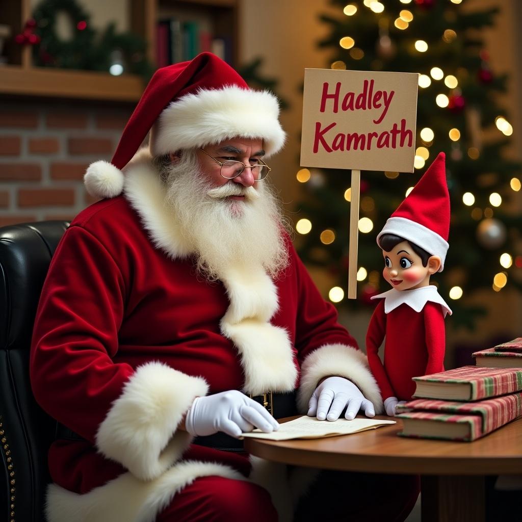 Santa Claus writing letters at a festive setting with an elf on the shelf holding a sign saying Hadley Kamrath.