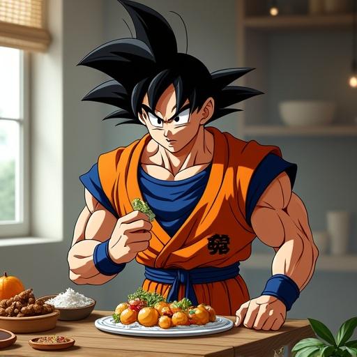 A character resembling Goku enjoys a colorful meal at a table. The scene includes a variety of dishes like rice and fruit. The character, wearing an orange and blue outfit, has a muscular physique and a joyful expression while holding a piece of food.