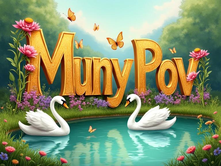 Whimsical illustrative art print featuring oversized gold letters. Vibrant flowers in pink, purple and yellow adorn the letters. Butterflies flutter around. Scene includes a lush meadow and a turquoise lake with two white swans. Soft sunlight creates a warm atmosphere.