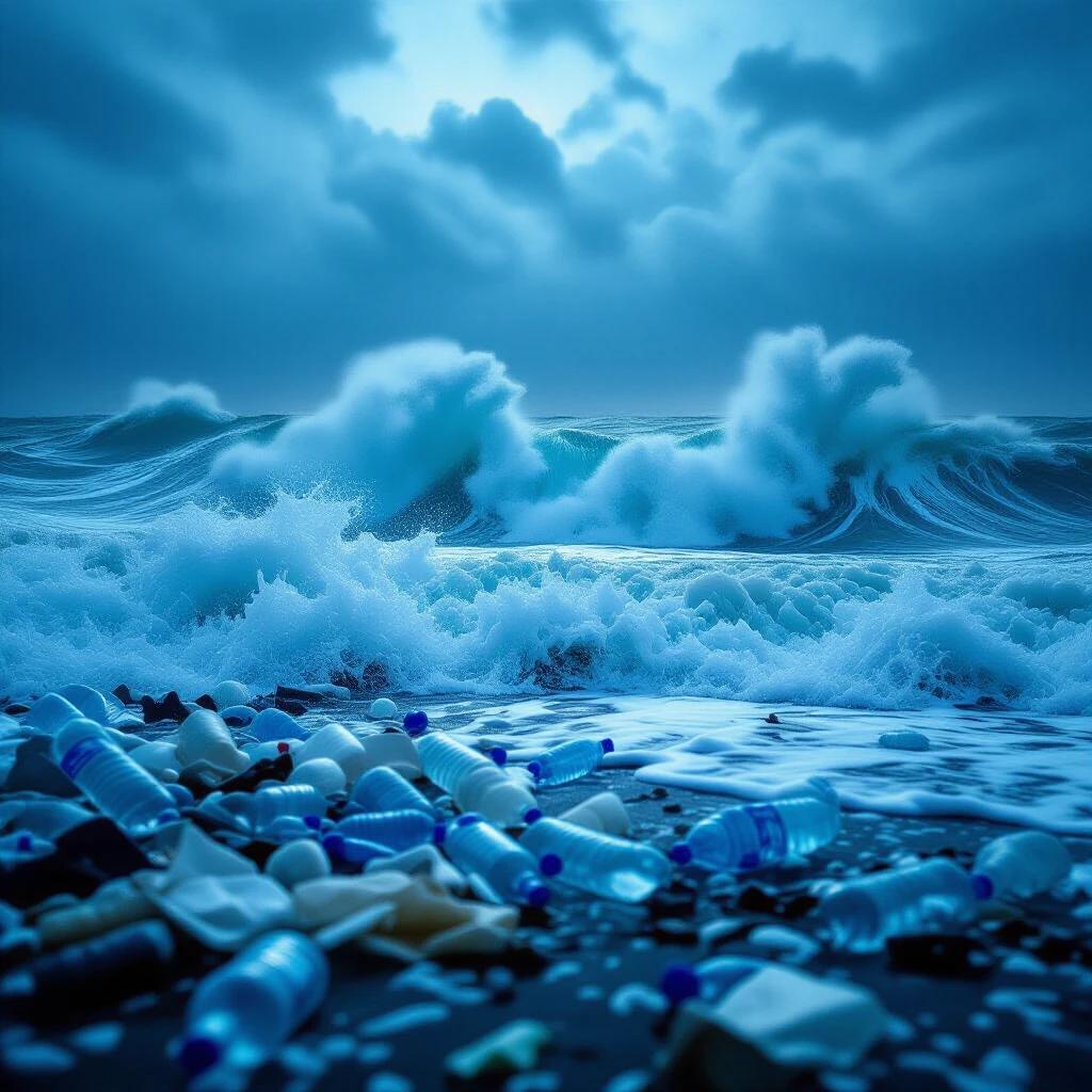 Stormy ocean with massive waves crashing. Plastic bottles and debris scattered in the water. Cold blue tones dominate the scene. Cinematic and photorealistic view.