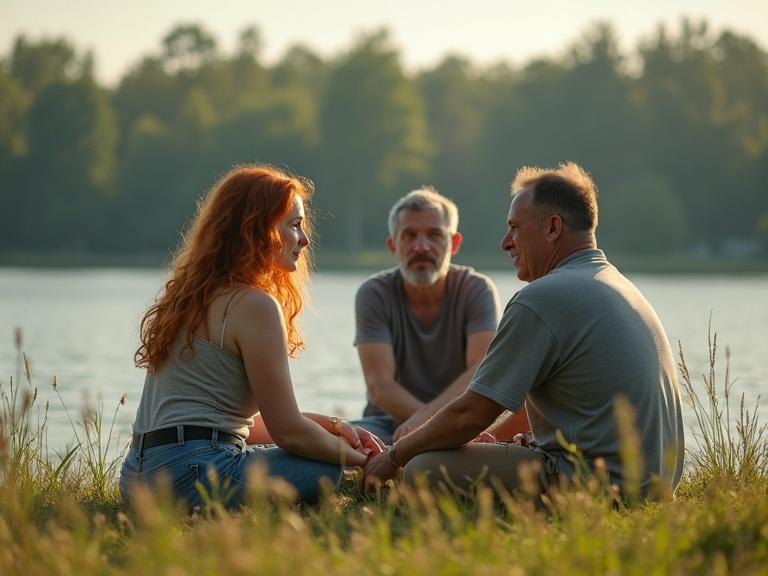 Young woman with ginger hair and light skin sits on grass. Three older men sitting near her by the lake. Chatting in summer in Russian countryside.