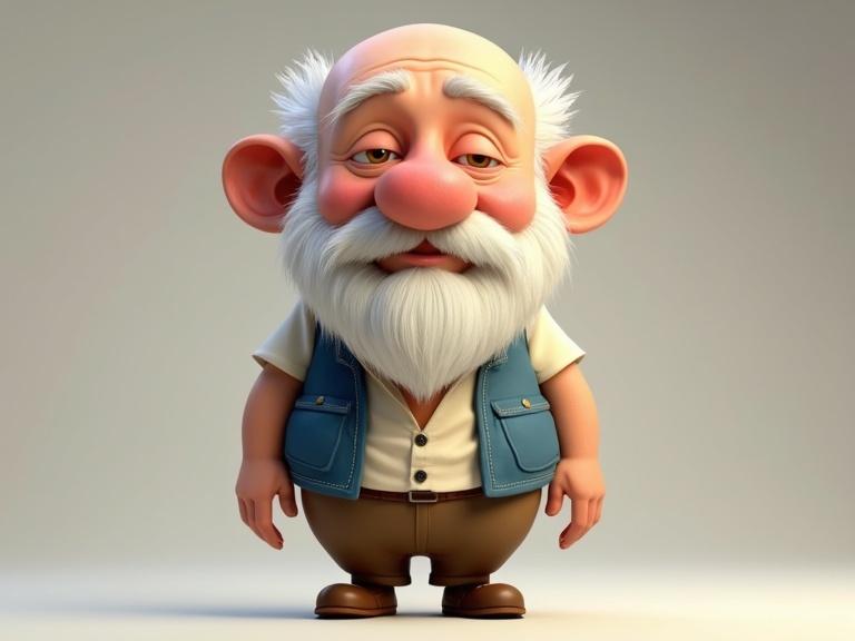 Elderly man with round face and large bald spot. Thick white eyebrows and fluffy white beard. Reddish nose shown. Light linen shirt worn. Blue sleeveless vest on the character. Brown pants and brown leather shoes featured. 3D cartoon style noted. Vibrant textures created. Exaggerated features highlighted. Inspired by Glen Keane, Carter Goodrich, Chris Sanders.
