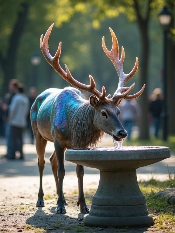 Majestic iridescent stag drinks from concrete fountain in sunlit park. Blurred background with people walking creates contrast between mundane and magical. Photorealistic image with detailed stag and textured fountain. Soft daylight enhances ethereal glow of stag's hide. Water shimmers as it spills.