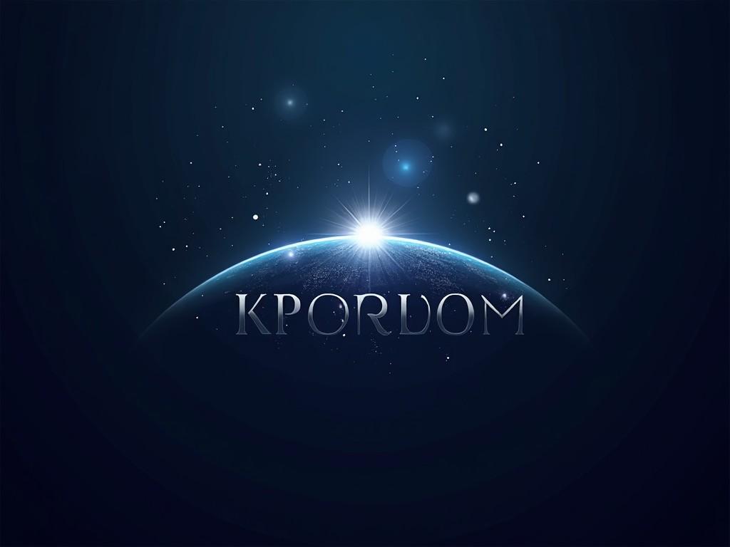 The image showcases a stylized view of Earth from space, emphasizing the beauty of our planet. The horizon shines brilliantly, creating a focal point that draws the viewer's attention. The background is dark, which enhances the brightness of the Earth. The word 'KPORDOM' is prominently displayed at the bottom, giving it a modern and sleek appearance. Subtle star particles are scattered throughout the backdrop, adding depth to the cosmic scene.