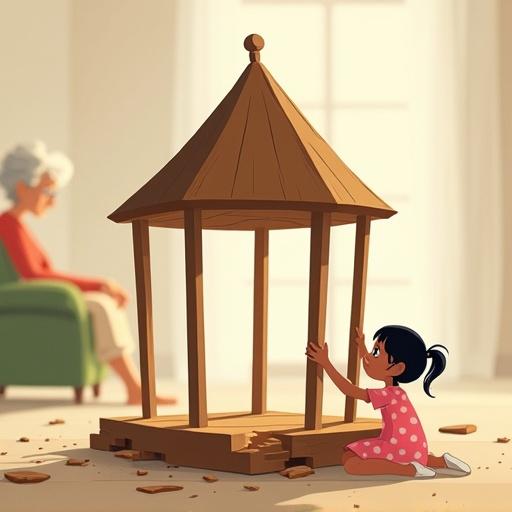 Illustration of a symbolic wooden house with pillars and a domed roof. Cracked base indicates collapse. Young girl with light brown skin holding central pillar looks sad. She wears a pink dress with white polka dots. Blurred grandmother in green chair in background. Soft white curtain and sunny window create dreamy atmosphere.