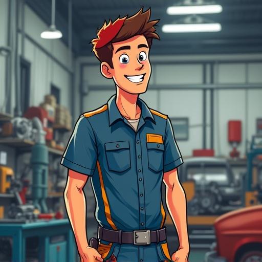 Cartoon character representing an 18-year-old boy happy after getting a job in a mechanical garage. He wears a blue mechanic outfit with orange details. Background shows a garage with car parts.