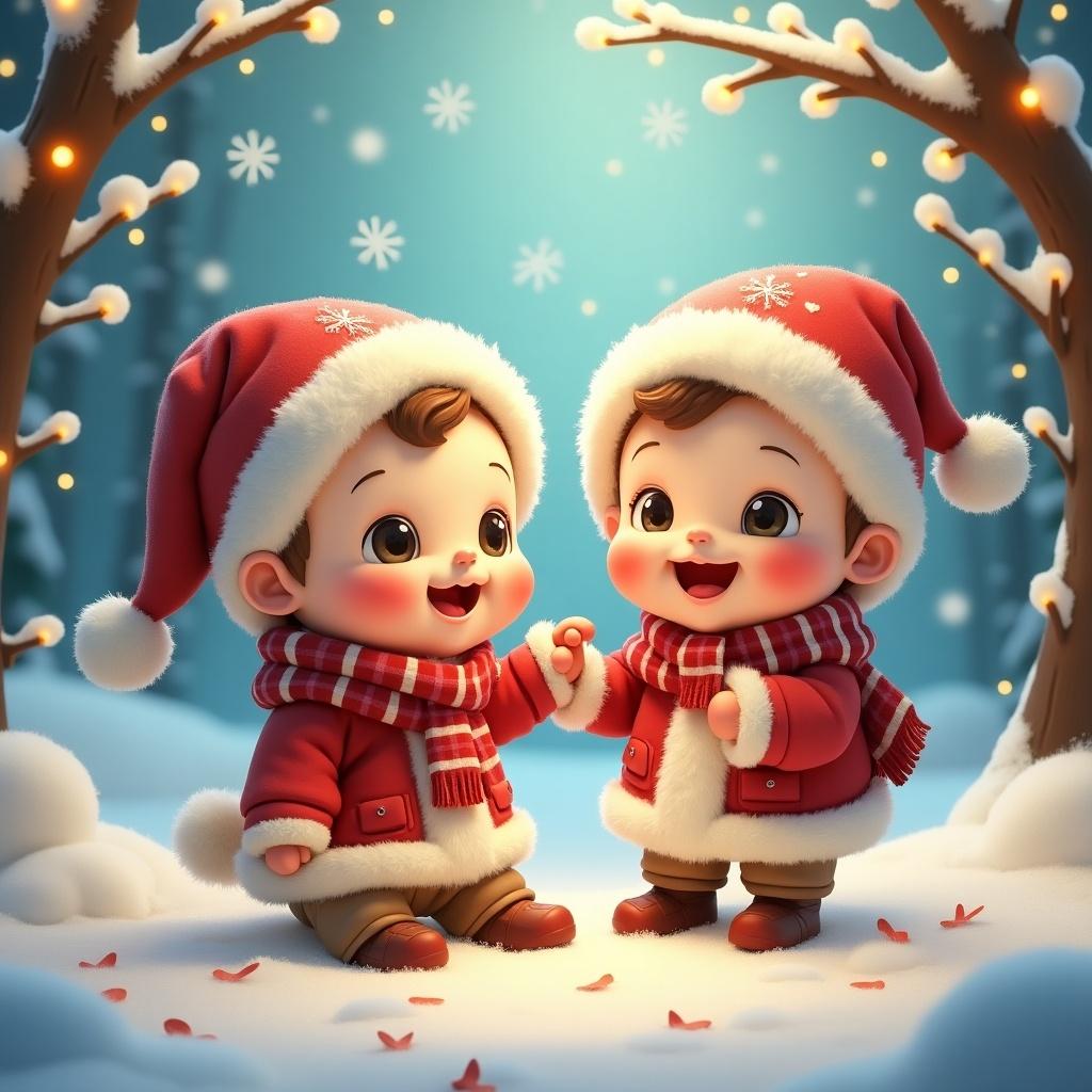 Two animated babies dressed for winter in red coats stand in snow. Background shows soft snowflakes and festive lights. Babies have cheerful expressions. Light glows warmly.