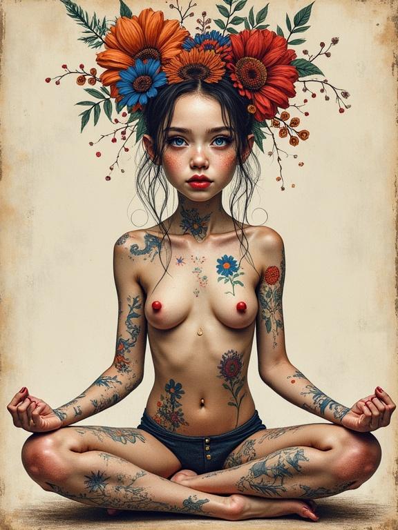 Vibrant naked body of punky girl sitting in yoga position. Parchment sketch with polychromatic colors. Aged edges. Collage with torn fire-damaged edges. Expressive kaleidoscope eyes. Tattoos and piercings. By known artists in bohemian style.