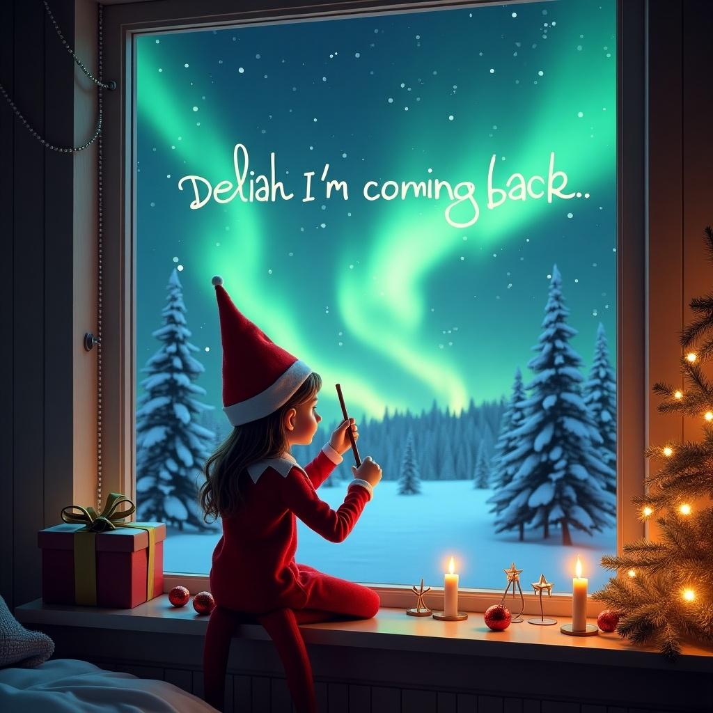 The image features a girl elf on the shelf, positioned with her back to the viewer. She gazes out of a window into a magical Christmas night. Using a wand, she writes 'Delilah I'm coming back' in the sky. The backdrop showcases the Northern Lights in vibrant hues. Outside, snow-covered trees create a beautiful winter wonderland. The cozy room is decorated for Christmas, adding to the festive spirit.