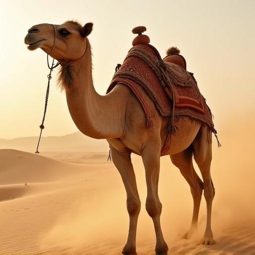 Dromedary camel in sun-baked desert wearing traditional saddle. Heat waves distort air behind it. Fine sand clings to legs. Long lashes and dusty eyes. Leathery nose shows cracks from dry air.