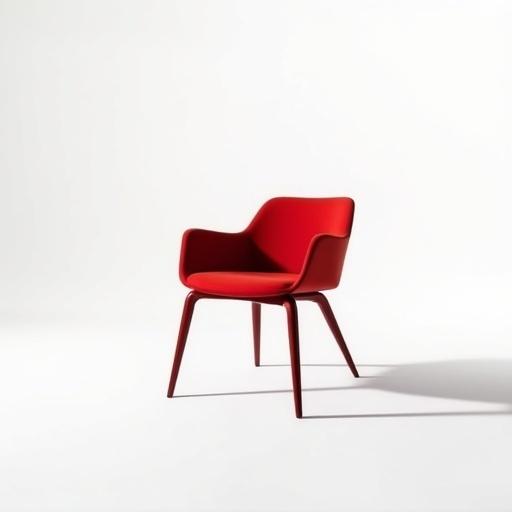 A minimalistic scene features a red modern chair. The chair has sleek contemporary lines. It has a soft matte finish. No other objects in the scene. The background is clean white. Soft even lighting casts subtle shadows beneath the chair. The overall aesthetic is minimal and uncluttered.