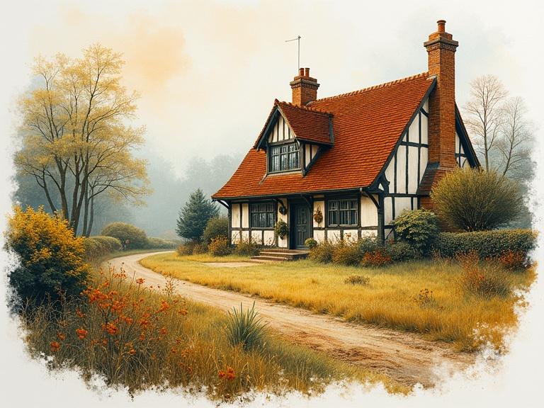 An English cottage depicted in a fine-tuned watercolor style. Surrounding landscape features riotous colors and a beautiful fantasy ambiance. The scene includes a path leading to the cottage, surrounded by lush greenery and a tranquil atmosphere.