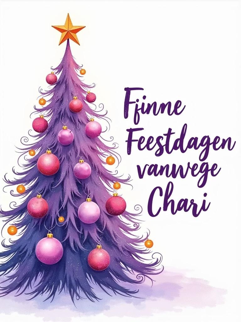 Drawing of a Christmas tree decorated with balls and lights in pastel purple colors. The tree is on the left side of the image. On the right side, there is festive text reading 'Fijne Feestdagen vanwege Chari'.