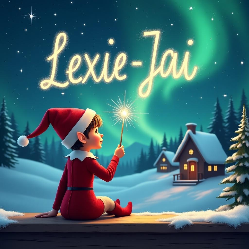 An elf sits on a wooden ledge with its back to the camera, gazing at a magical sky. The elf, dressed in a red outfit with a pointed hat, holds a sparkling wand. With the wand, the elf elegantly writes the names Lexie-Jai in the starry sky. The background features a snowy landscape with charming little houses and evergreen trees under the shimmering Northern Lights. This whimsical scene captures the essence of childhood magic and Christmas cheer.