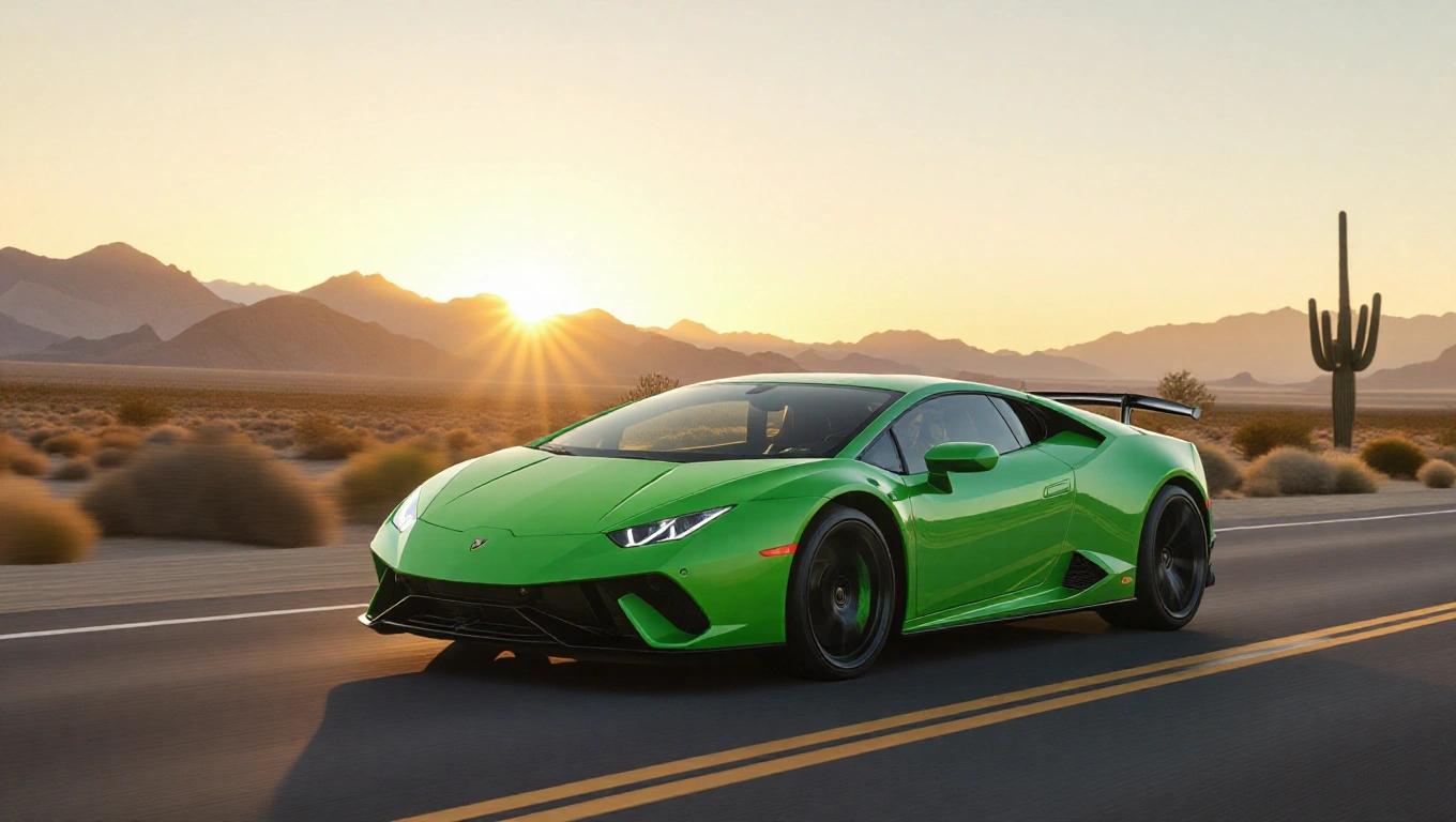 Realistic photo of Lamborghini in a beautiful green color driving on a road in a desert at sunset. The scenery includes mountains and a desert landscape. The light is warm during the golden hour.