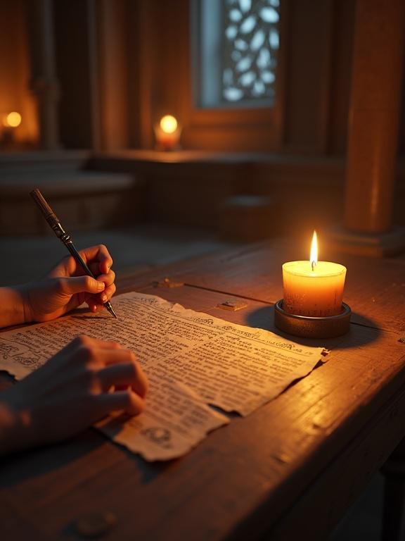Screenshot from a VR game. First-person view inside a dimly lit royal chamber at dusk. Seated at a low wooden desk. Slender hands hold a reed pen above a parchment scroll with hieroglyphs. Soft candle flickers beside the scroll. Shadows move across lap and tabletop. Scent of wax and aged papyrus fills the air. Silk curtains ripple in a warm breeze through a carved stone window. Only hands, scroll, and writing tools are visible. No other characters. Ultra-realistic and immersive.
