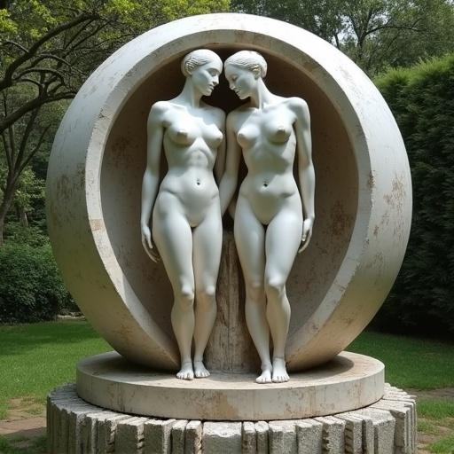 Spherical humans depicted as marble sculpture in a mythical garden. Two figures stand back to back within a circular structure, touching each other.