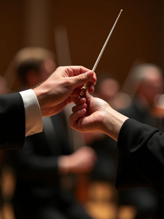 A pivotal ceremonial moment captured by a professional DSLR. An extreme close-up of hands exchanging a Pickboy conductor's baton. The man's hand offers the baton in reverse to the approaching woman's hand. Attention to detail with the cork handle and fiberglass shaft. The setting boasts warm, dramatic lighting enhancing the emotional atmosphere. Background features soft bokeh suggesting an orchestra.