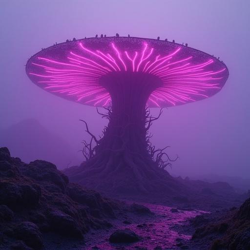 On an alien planet dense with violet mist is the carnivorous plant Garnathel. It emits a neon glow from its leaf-like petals. The plant shifts its tendrils underground subtly. It captures small creatures with whip-like vines and secretes digestive fluid. The local fauna is its main food source; explorers are rumored to be in danger.