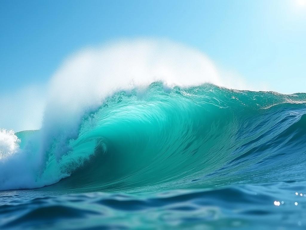 This image shows an impressive wave crashing over the ocean. The water is a vibrant turquoise with white foam curling at the top. The sunlight catches the wave, making it glisten against the blue sky background. Splashes of water are visible, creating a misty effect around the wave. This scene captures the beauty and power of nature, as well as the tranquility of the ocean. Overall, it’s a stunning display of a moment in time where nature is in full force.