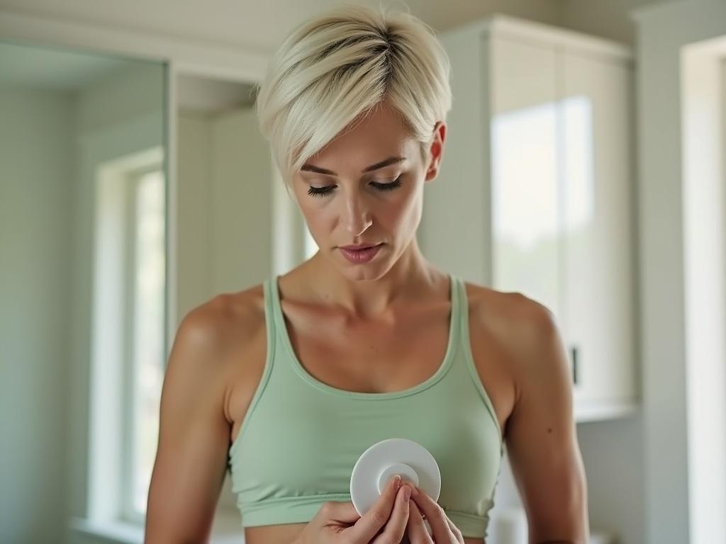 The image features a woman with short, platinum blonde hair and fair skin, wearing a light green sports bra. She appears to be focused and is holding a round object near her chest, possibly a silicone insert or accessory. The setting has natural light filtering in, highlighting her concentrated expression. The background includes light-colored walls and a mirrored cabinet.
