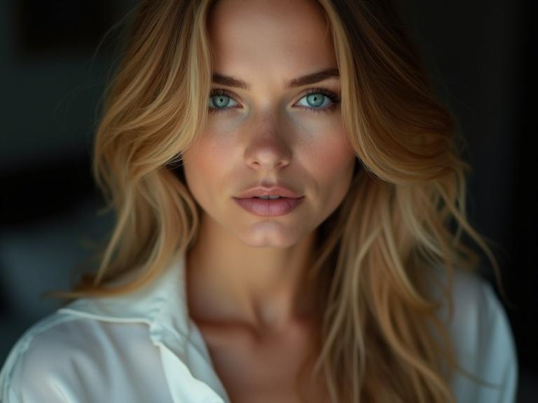 A close-up photograph of a young woman with honey blonde hair and bright blue eyes. She has plump lips and clear skin. Wears a white silk shirt, captured in a dark background. Intense gaze and subtle smile.