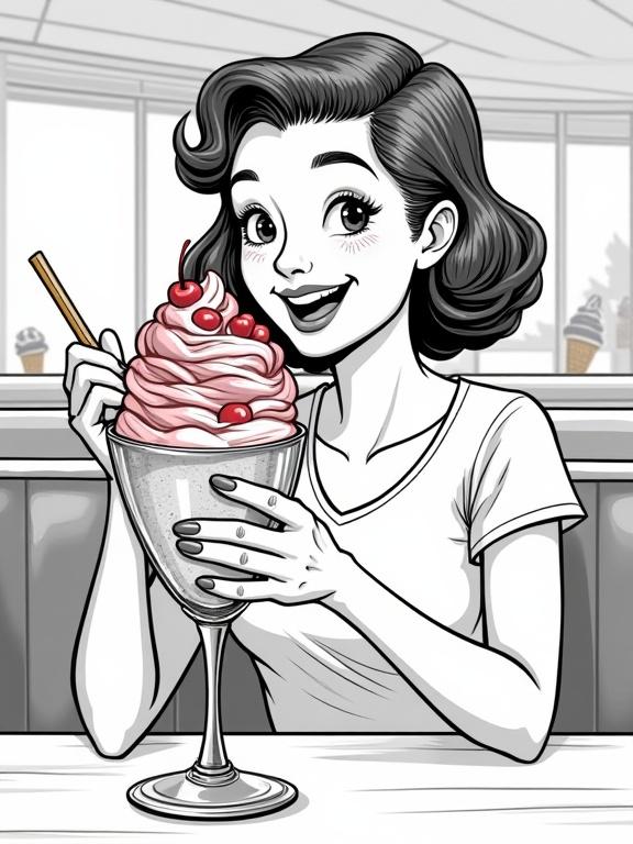 Smiling young woman enjoys large sundae. Woman has joyful expression. Dressed in classic 50s-style casual top. Sundae is overflowing with colorful ice cream and cherries. Held in a large glass dish. Vintage diner setting with ice cream cones in the background. Simple outlined style with no shading. Warm and happy atmosphere. Flat, two-dimensional figures in black and white.