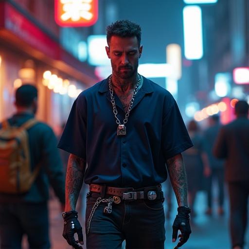 Photorealistic medium shot of tattooed man walking through crowded neon-lit cyberpunk alleyway at night. He wears dark blue oversized shirt, silver chain, futuristic gloves, high-tech belt. Other futuristic people in background. Cinematic street style.