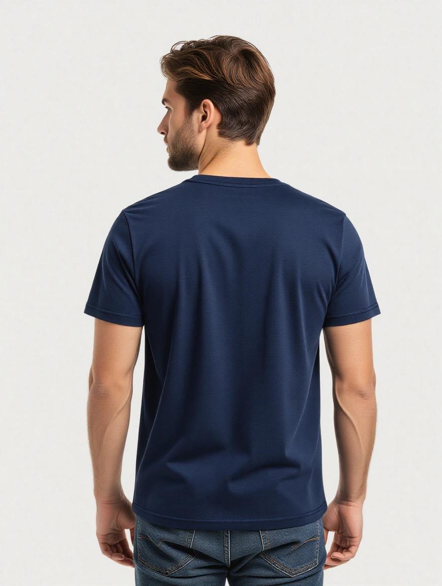 Photorealistic half body shot from the back. Male model wearing crisp plain navy t-shirt. Natural professional pose, standing straight, relaxed shoulders. Isolated on plain white background. Clean studio lighting. Urban clothing brand aesthetic. Ultra high resolution, sharp fabric texture.