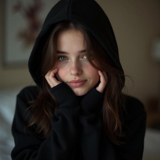 Cute petite brunette wearing a black hoodie. Hand slightly covering cheek. Soft focus background shows a dark bedroom.