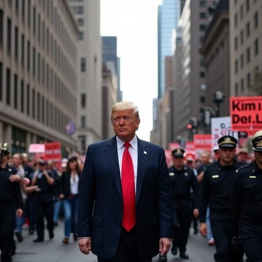 Donald Trump walks through Fifth Avenue in New York City. He wears a dark suit with a bright red tie. Security guards surround him. The crowd shows mixed reactions with chants and protest signs. Taxis honk and helicopters fly above. Trump greets a street vendor. Skyscrapers including Trump Tower are in the background. Scene captures urban tension and energy.