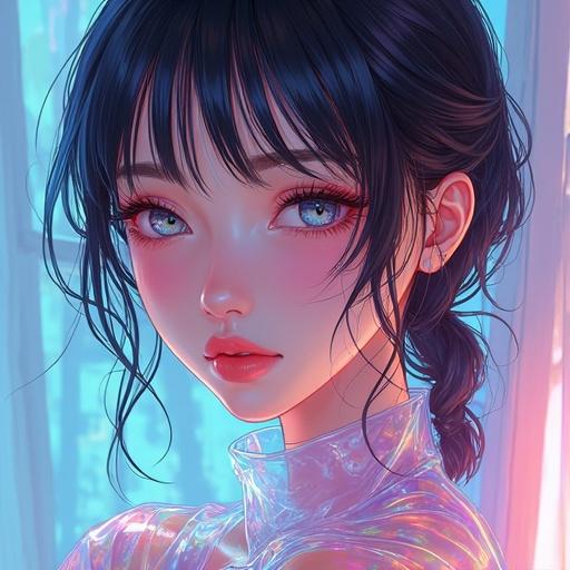 Fashion illustration featuring a girl in transparent color vinyl clothing with beautiful eyes. Prismatic and holographic details enhance the visual appeal. The character embodies Harajuku fashion and engages with the viewer through an ultra-detailed upper body portrait.