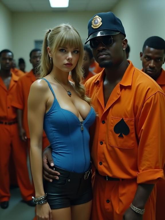 Scene in a prison with two main characters. A woman in a tight police uniform with deep cleavage. An older black man in an orange prisoner jumpsuit. Close proximity with an intense atmosphere. Woman shows fear. Other figures in orange jumpsuits visible. Full body shot with handcuffs on the woman.