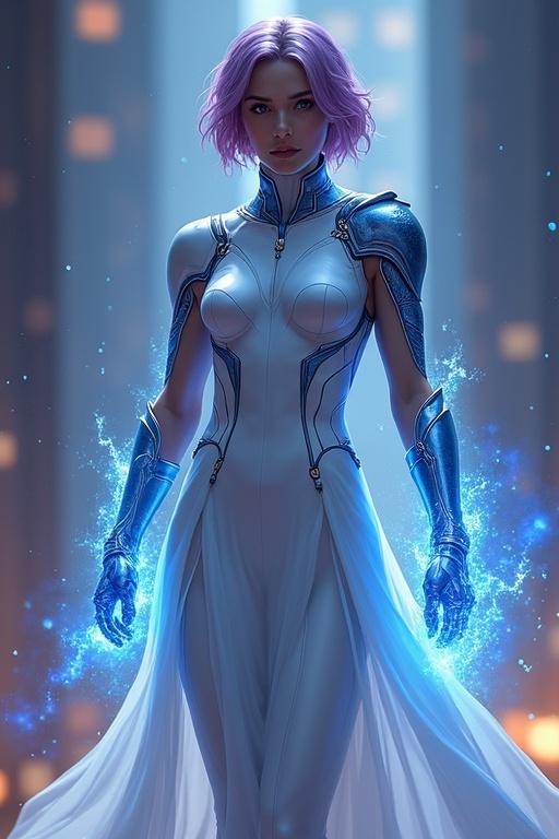 Futuristic female character exuding power and intelligence. She has glowing blue irises, short purple-pink hair, and is dressed in a plain white dress. Ethereal blue energy surrounds her. She appears immortal, super intelligent, and is capable of reality manipulation. Her physical strength and speed seem limitless. She stands barefoot, showcasing an aura of strength and elegance.