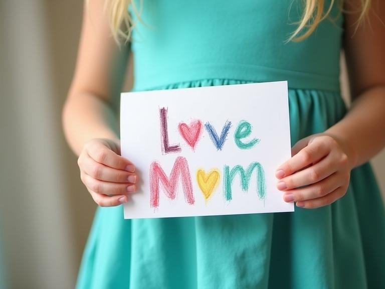 Child holding a piece of paper with colorful crayon drawing that says 'Love Mom'. The child is wearing a teal dress. The artwork has pastel colors and conveys a heartfelt message for Mother's Day. Focus on emotions and childhood innocence.
