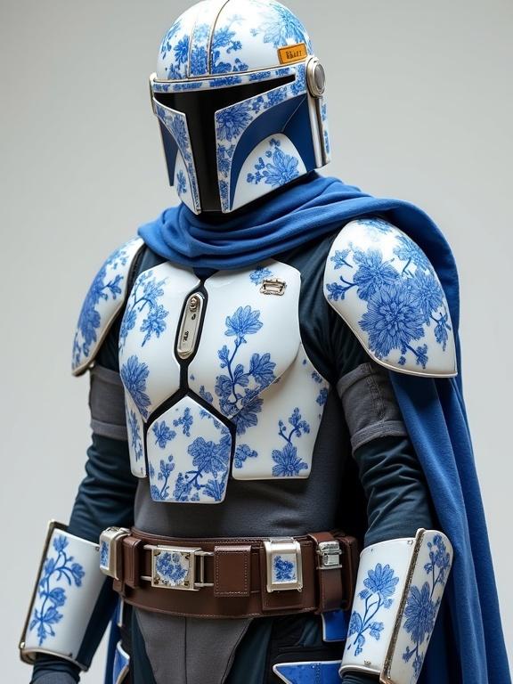 Mandalorian warrior stands proudly. Armor has porcelain-inspired design. Blue floral patterns adorn glossy white surface. Armor retains iconic Mandalorian silhouette. Sleek angular plates featured.