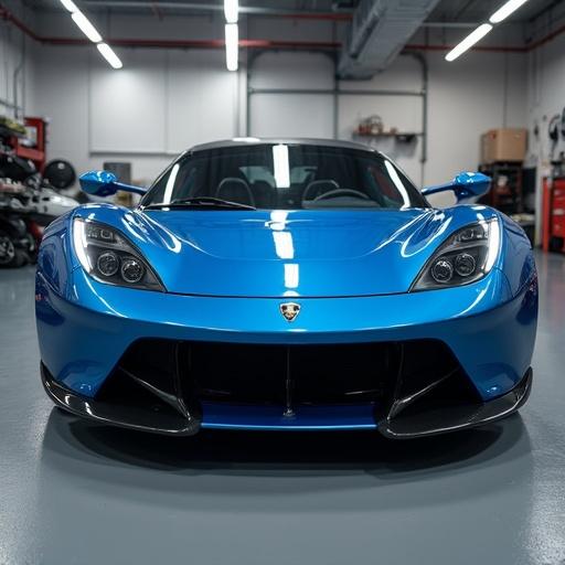 Camera angle captures the right side back of a detailed blue sports car. Image showcases a glossy finish and intricate detailing. Well-lit workshop environment surrounds the car.