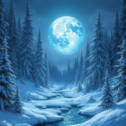Illustration of a winter landscape with a serene river and snow-covered trees. Dominated by a full moon casting silver light on the surroundings. Title Frozen Mirage and artist DJ Ambertronixx included stylishly.